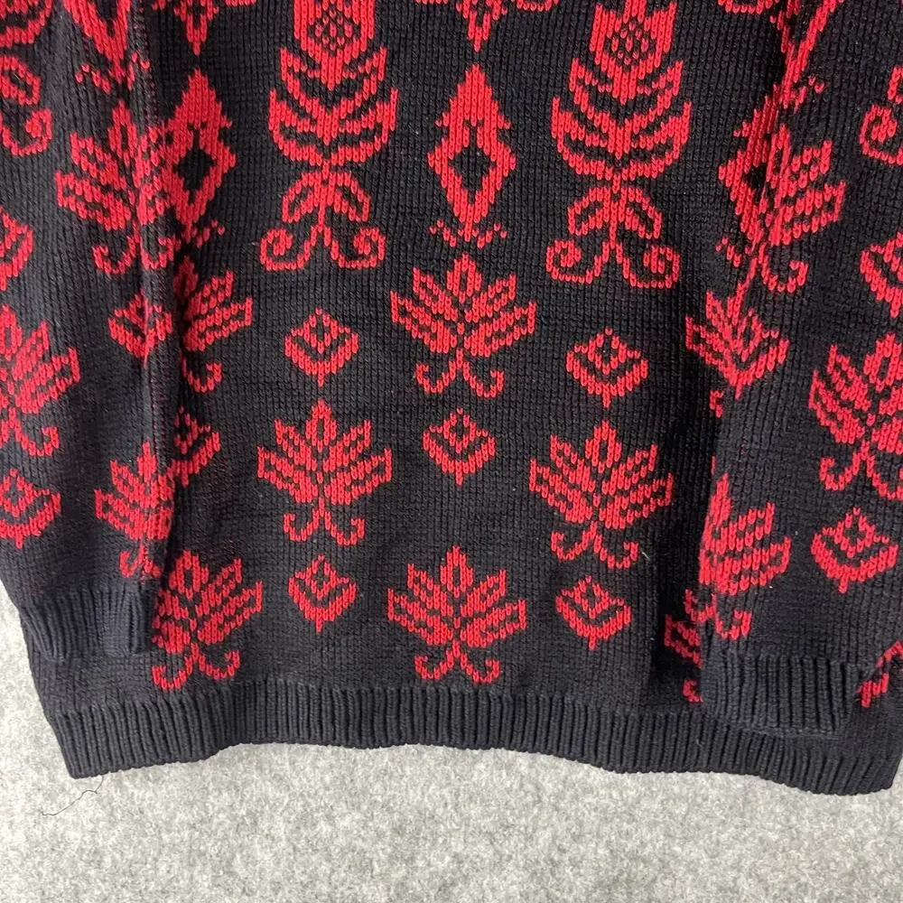 Vintage Yellow Rose Sweater Womens Medium Red Floral‎ Knit Artsy Hong Kong 80s